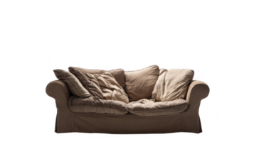 Comfortable brown sofa with scatter cushions isolated on transparent background png