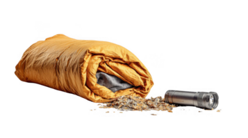 Shredded sleeping bag and broken flashlight on transparent background png