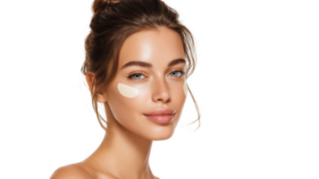 Influencer applying under eye patches on transparent background png