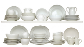 White dish set arranged neatly on shelves with transparent background png