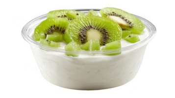 Plastic container with yogurt and sliced kiwi on transparent background png