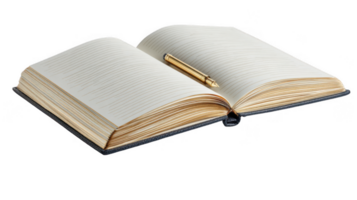 Open journal with gold pen resting on mirrored surface reflecting transparent background png