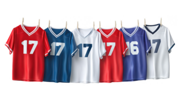 Row of colorful team jerseys hanging on clothespins with transparent background png