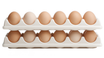 Two egg cartons stacked containing brown eggs on transparent background png