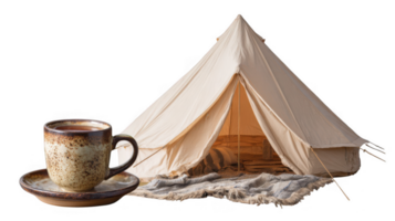 Glamping tent with tea cup on transparent background png
