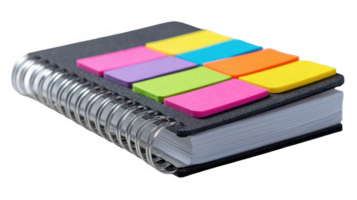 Notebook with colorful sticky notes on transparent background png