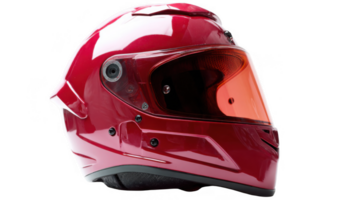Glossy red motorcycle helmet with orange visor on transparent background png