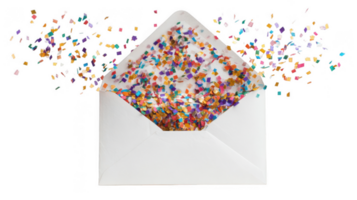 Open envelope exploding with colorful confetti on transparent background png