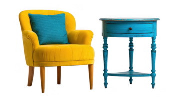 Yellow armchair with teal cushion and blue side table on transparent background png