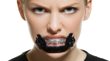 Athlete biting mouth guard with intense gaze on transparent background png