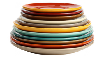 Stack of colorful ceramic plates on transparent background png