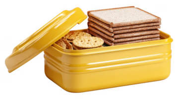 Yellow lunch box filled with crackers and sliced bread on transparent background png