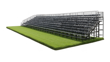 Empty stadium bleachers overlooking green grass field with transparent background png