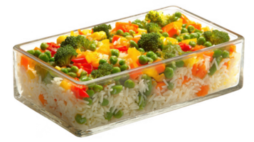 Glass container brimming with rice and vegetables on transparent background png