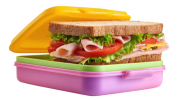 Sandwich with ham, cheese, lettuce and tomato in a colorful lunch container with transparent background png