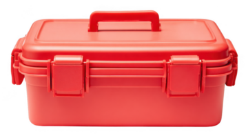 Red lunchbox with clasps and handle on transparent background png