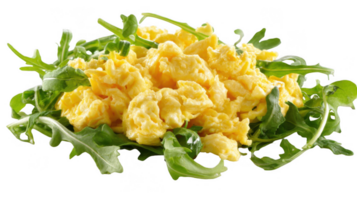 Scrambled eggs lying on a bed of fresh arugula with transparent background png