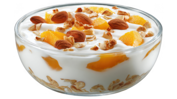 Glass bowl of yogurt layered with peach slices, almonds and walnuts on transparent background png
