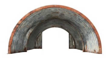 Weathered corrugated metal tunnel entrance with transparent background png