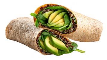 Whole grain wrap filled with avocado, spinach and quinoa on transparent background png