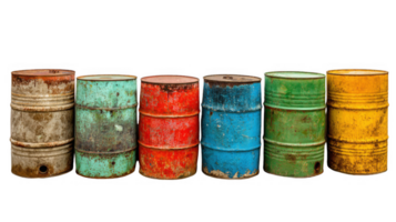 Row of colorful rusty empty barrels with transparent background png