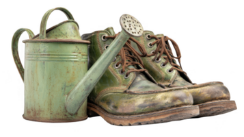 Rusty watering can and old work boots on transparent background png