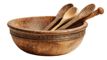 Vintage wooden bowl with carved decorations holding various utensils on transparent background png