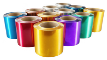 Colorful iridescent cellophane rolls creating a vibrant display on transparent background png