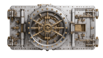 Massive vault door with intricate locking mechanism on transparent background png