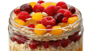 Overnight oats layered with colorful fruit toppings in glass jar on transparent background png