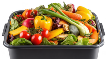 Compost bin overflowing with fresh vegetable scraps on transparent background png