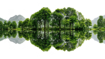 Lush green trees reflected in a crystal clear lake with transparent background png