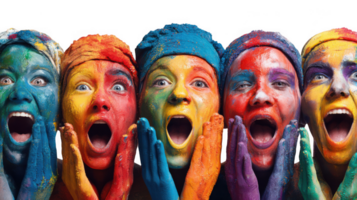 Enthusiastic fans with colorful painted faces cheering and clapping with excitement on transparent background png