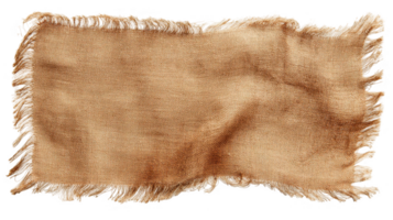 Faded burlap fabric with frayed edges and stains on transparent background png
