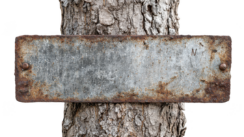 Rusty metal sign nailed to a tree trunk with transparent background png
