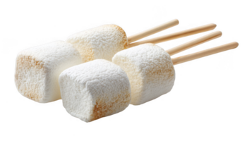 Marshmallows on wooden sticks ready for roasting on transparent background png