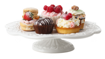 Elegant cake stand displaying assorted pastries on transparent background png