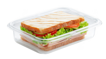 Plastic container holding a toasted sandwich with ham, lettuce, tomato, and cucumber on transparent background png