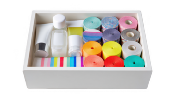 Open drawer displaying skincare and colorful ribbons on transparent background png