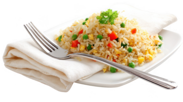 Fried rice with vegetables and fork resting on a napkin on transparent background png