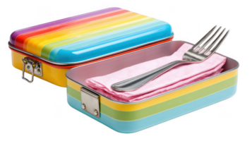 Colorful rainbow lunchbox open with fork and napkin on transparent background png
