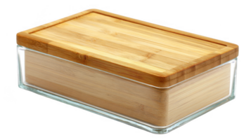 Rectangular glass box with smooth bamboo lid on transparent background png
