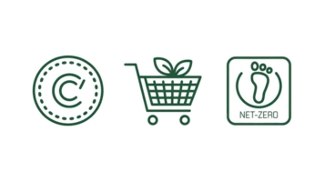 Copyright, sustainable shopping and net zero emissions icons on transparent background png