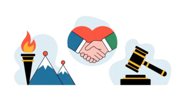 Torch, mountains, handshake and gavel representing core values png