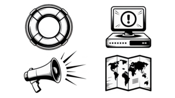 Lifebuoy, megaphone, computer with alert and world map showing travel safety and communication png