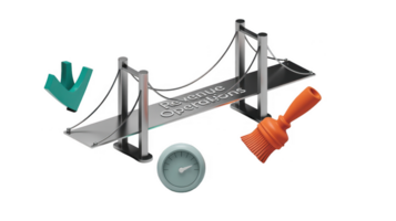 Revenue operations bridge connecting success with check mark, brush, and speedometer on transparent background png