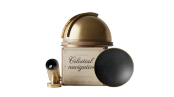 Celestial navigation equipment exploring the universe with golden astrolabe and telescope on transparent background png