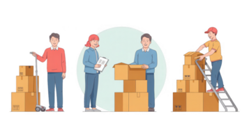 Warehouse workers handling cardboard boxes on transparent background png