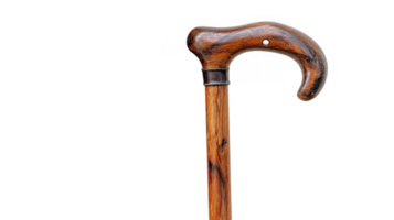 Elegant wooden walking stick with metal collar on transparent background png