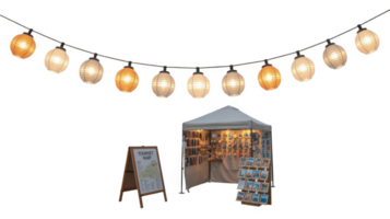 Souvenir stand with tourist map and string lights on transparent background png